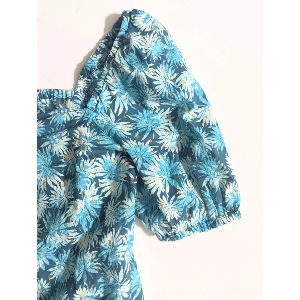 Michael Kors Off Shoulder Metallic Teal Floral Blouse | Women's S